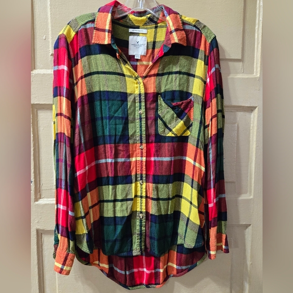 American Eagle Outfitters Tops - American Eagle Boyfriend Fit Soft Plaid Button Front Long Sleeve Shirt GUC